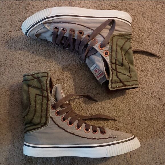 True Religion Canvas Sneakers Fold Over Gray/Army High Tops Mens Sz 9.5 PREOWNED - Picture 3 of 6